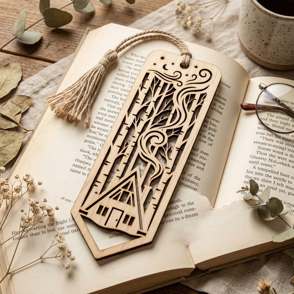 Christmas Forest Bookmark File, Multi Layered Reindeer And Cabin Design