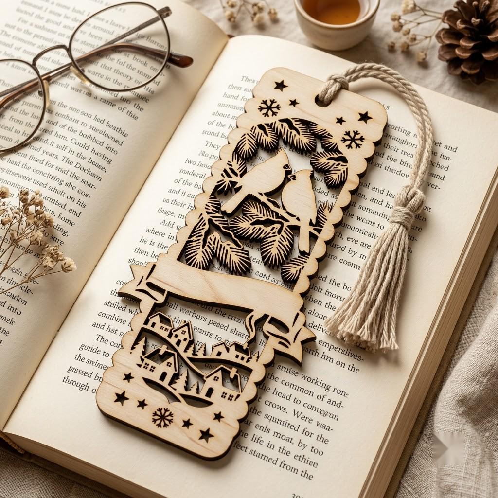 Christmas Forest Bookmark File, Multi Layered Reindeer And Cabin Design