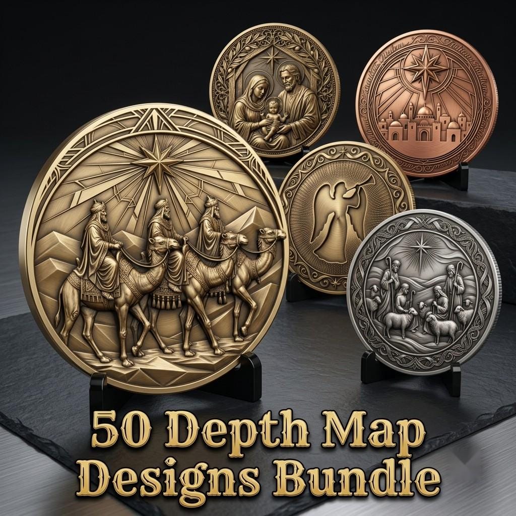 Christmas Nativity Coin Depth Map, Religious Star Relief Laser Engraving PNG