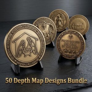 Christmas Nativity Coin Laser Engraving File, 3D Faith Relief PNG Bundle