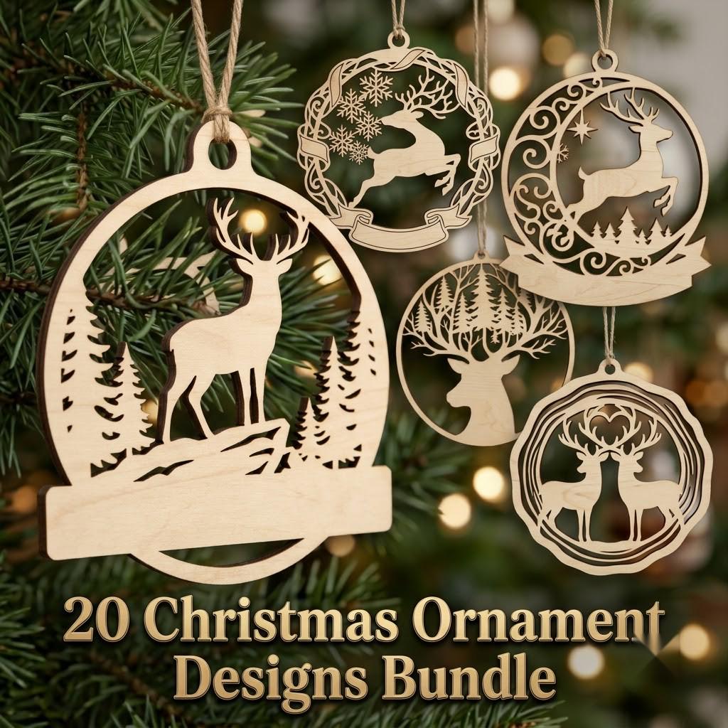 Christmas Ornament Bundle, Winter Forest Reindeer, Layered Mountain Tree Decor