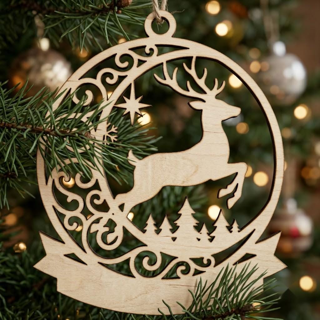 Christmas Ornament Bundle, Winter Forest Reindeer, Layered Mountain Tree Decor