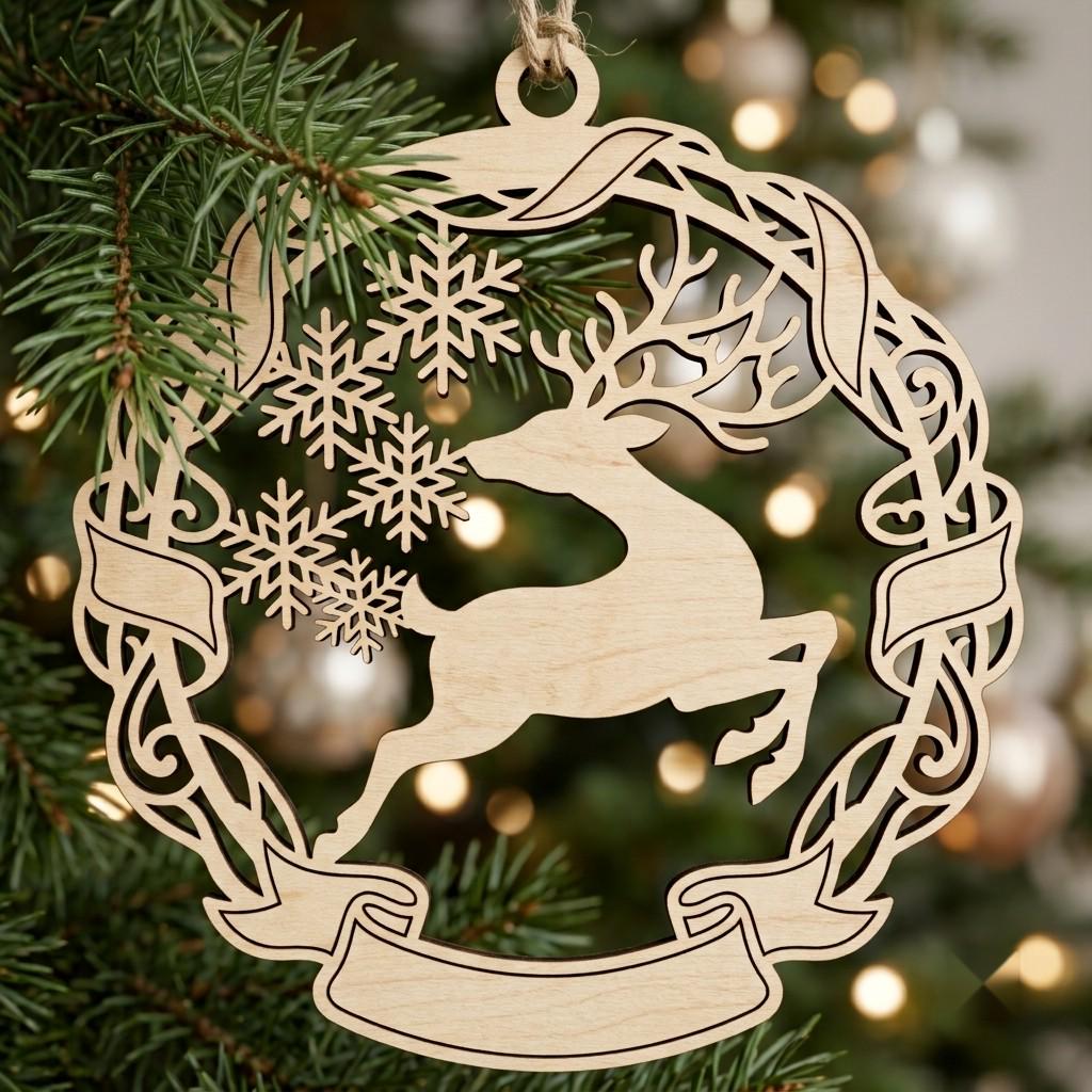 Christmas Ornament Bundle, Winter Forest Reindeer, Layered Mountain Tree Decor