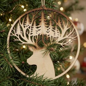 Christmas Ornament Bundle, Winter Forest Reindeer, Layered Mountain Tree Decor