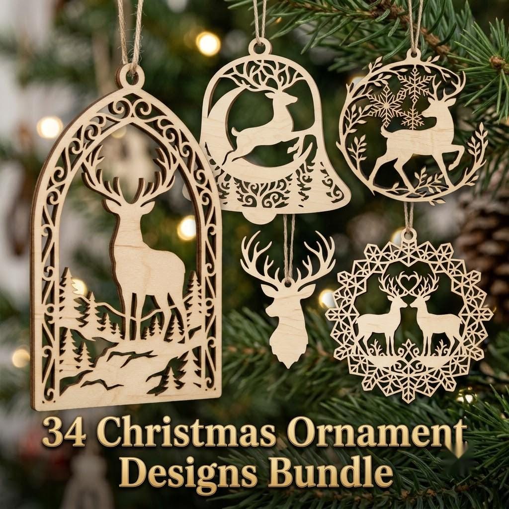 Christmas Ornament Svg, Laser Cut Reindeer Bundle, Woodland Forest Silhouette Files, Winter Snowflake Layered Decor, 34 Designs