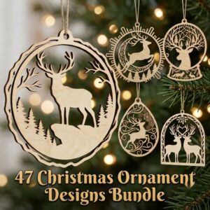 Christmas Reindeer Ornament Bundle, Winter Forest Silhouette, Layered Snowflake Design