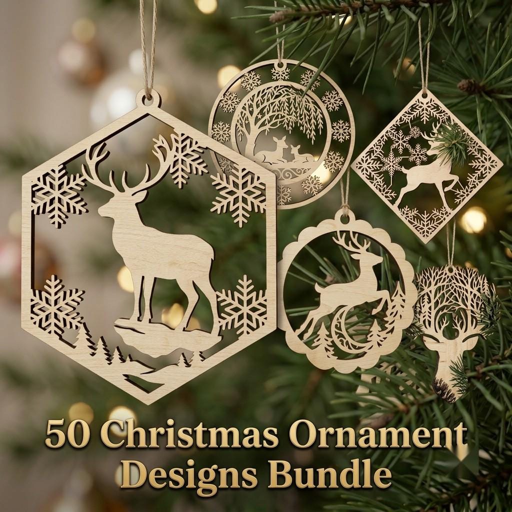 Christmas Reindeer Ornament Bundle, Woodland Deer, Winter Forest, 50 Designs