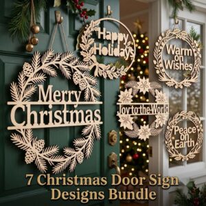 Christmas Sign Svg, Round Door Hanger Laser Cut File, Classic Holiday Botanical Wreath Bundle, 7 Pine And Mistletoe Designs