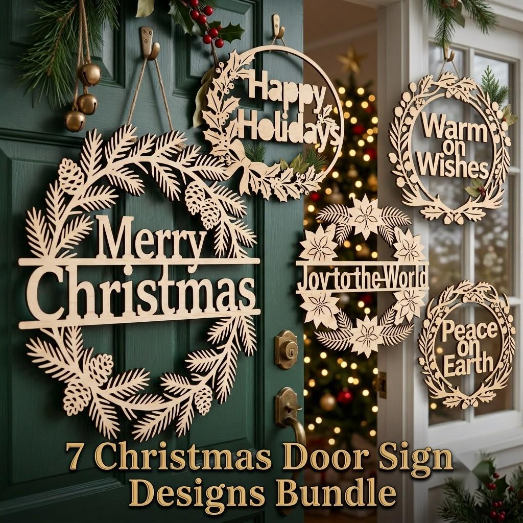 Christmas Sign Svg, Round Door Hanger Laser Cut File, Classic Holiday Botanical Wreath Bundle, 7 Pine And Mistletoe Designs