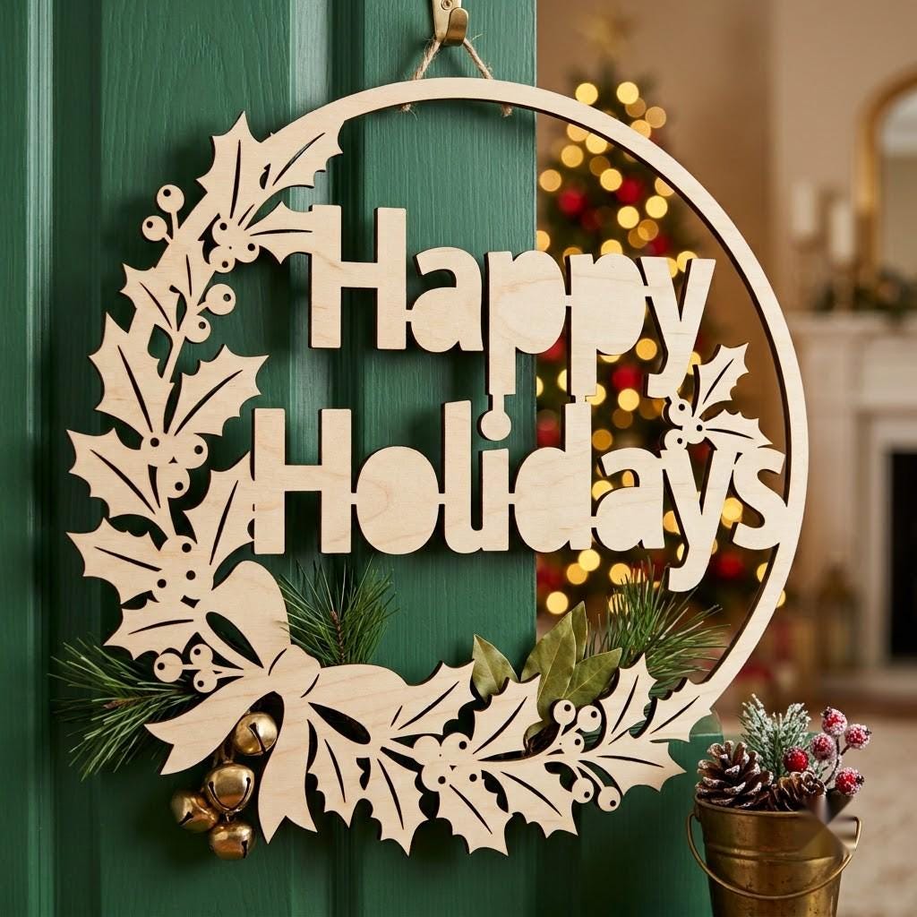 Christmas Sign Svg, Round Door Hanger Laser Cut File, Classic Holiday Botanical Wreath Bundle, 7 Pine And Mistletoe Designs