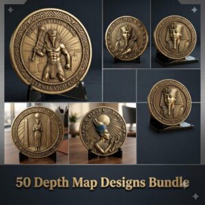 Egyptian Pharaoh Coin Engraving, Depth Map Relief, Bronze Sun God PNG Bundle