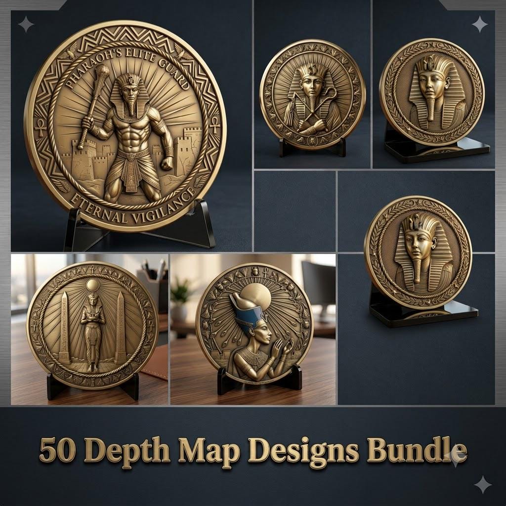 Egyptian Pharaoh Coin Engraving, Depth Map Relief, Bronze Sun God PNG Bundle