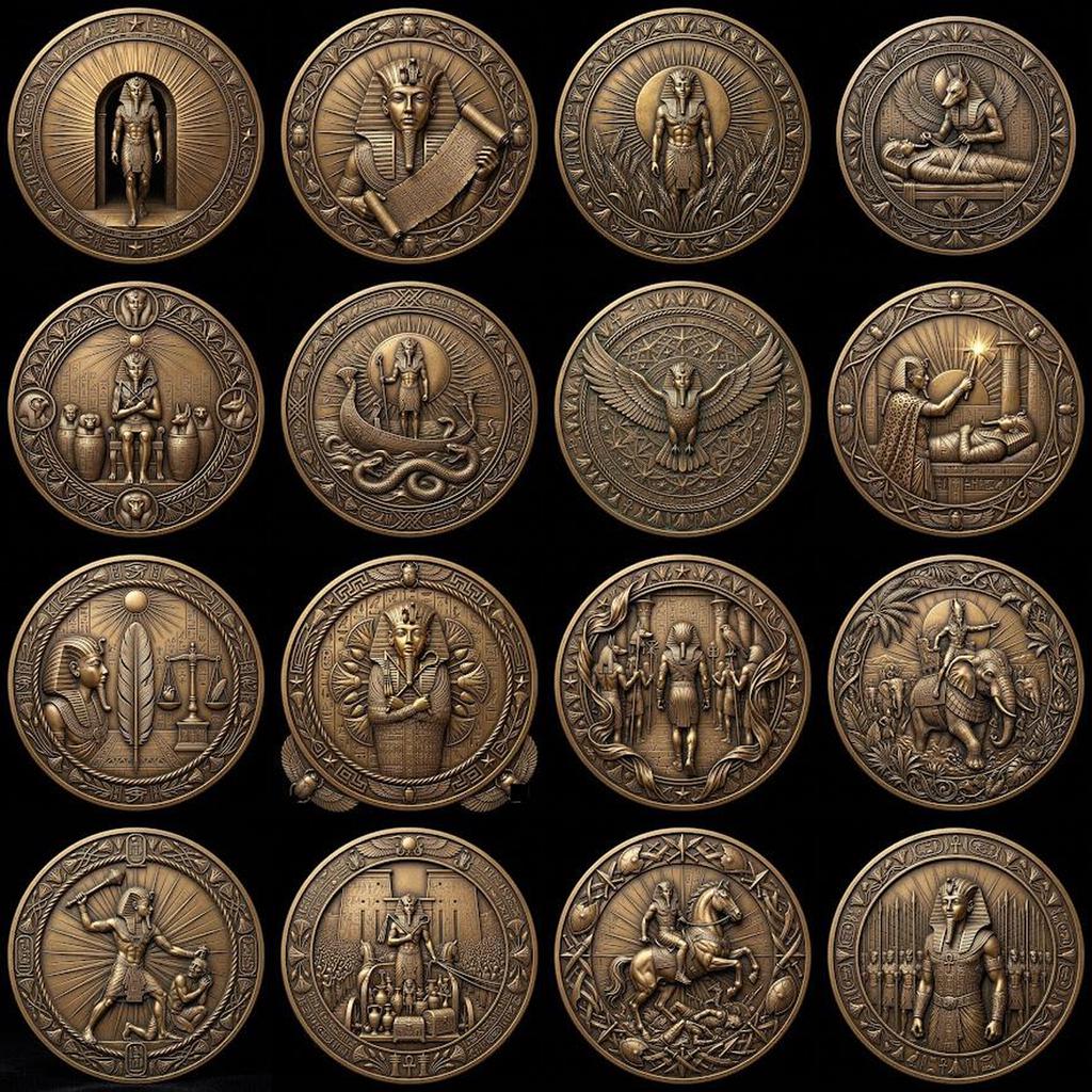 Egyptian Pharaoh Coin Engraving, Depth Map Relief, Bronze Sun God PNG Bundle