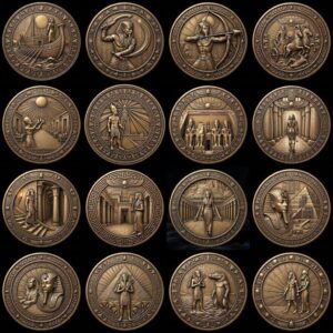 Egyptian Pharaoh Coin Engraving, Depth Map Relief, Bronze Sun God PNG Bundle
