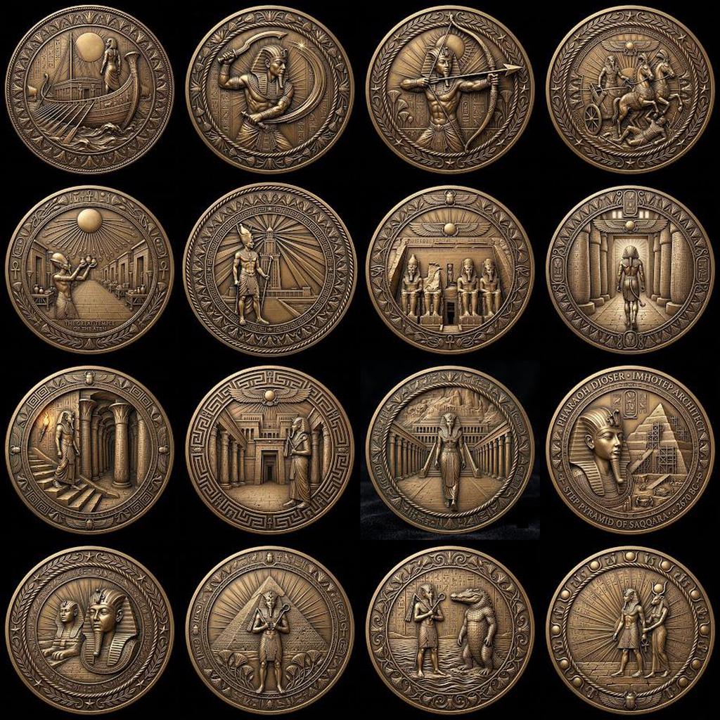 Egyptian Pharaoh Coin Engraving, Depth Map Relief, Bronze Sun God PNG Bundle