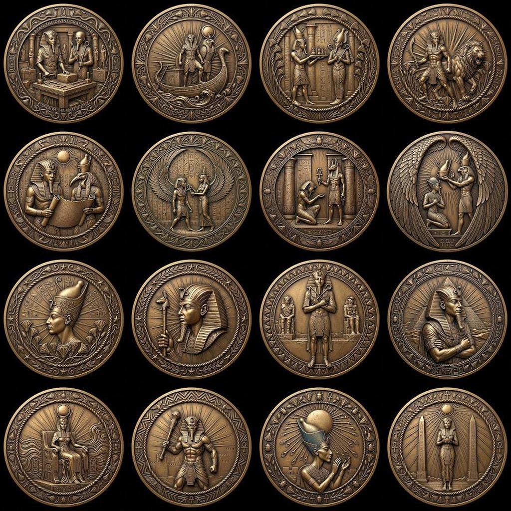 Egyptian Pharaoh Coin Engraving, Depth Map Relief, Bronze Sun God PNG Bundle