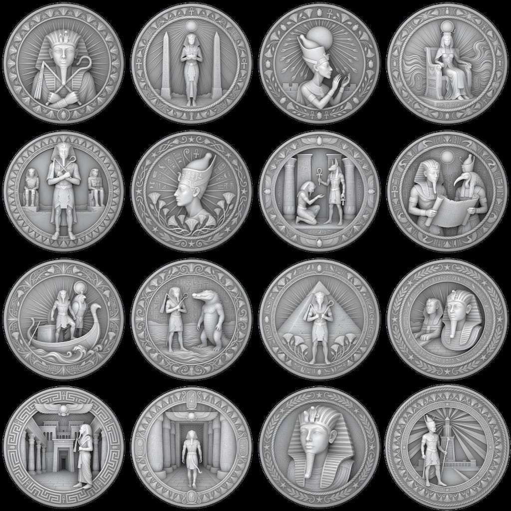 Egyptian Pharaoh Coin Engraving, Depth Map Relief, Bronze Sun God PNG Bundle
