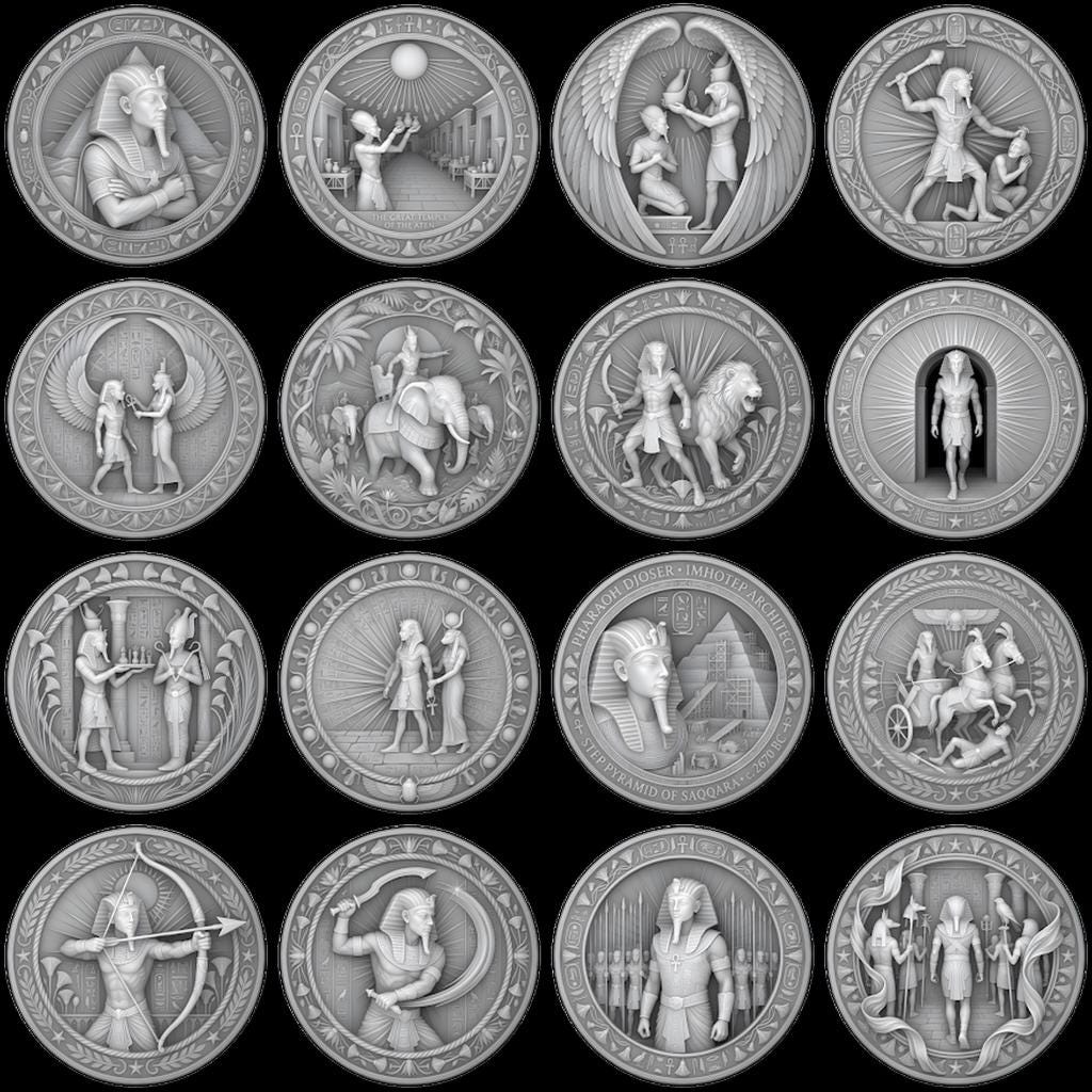 Egyptian Pharaoh Coin Engraving, Depth Map Relief, Bronze Sun God PNG Bundle