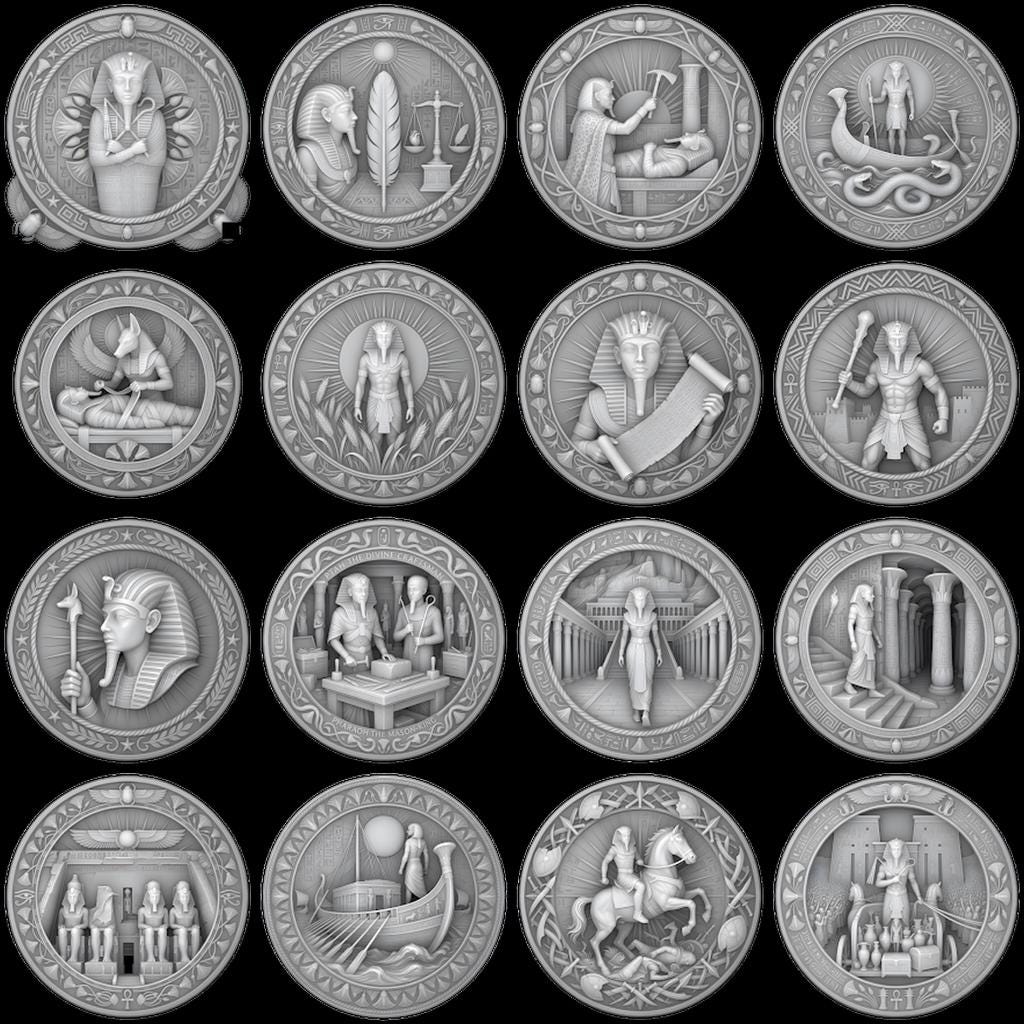 Egyptian Pharaoh Coin Engraving, Depth Map Relief, Bronze Sun God PNG Bundle