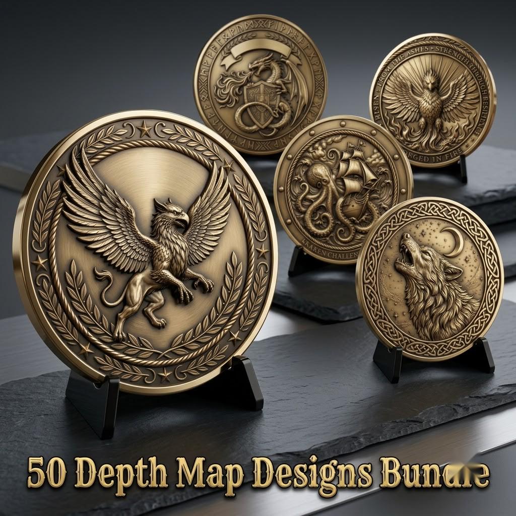 Fantasy Bestiary Laser Engraving File, Mythic Creature Coin Relief Depth Map PNG