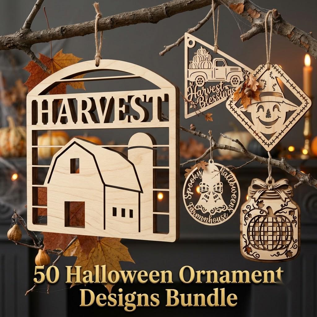 Halloween Laser File, Farmhouse Sign Bundle, Rustic Wooden Ornaments, 50 Designs