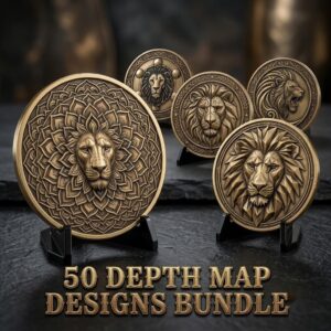 Lion Challenge Coin Depth Map, 3D Relief Bundle, Tribal Mandala Geometric Coins
