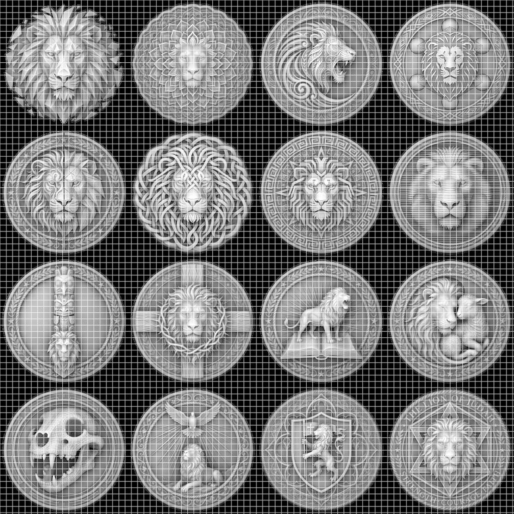 Lion Challenge Coin Depth Map, 3D Relief Bundle, Tribal Mandala Geometric Coins