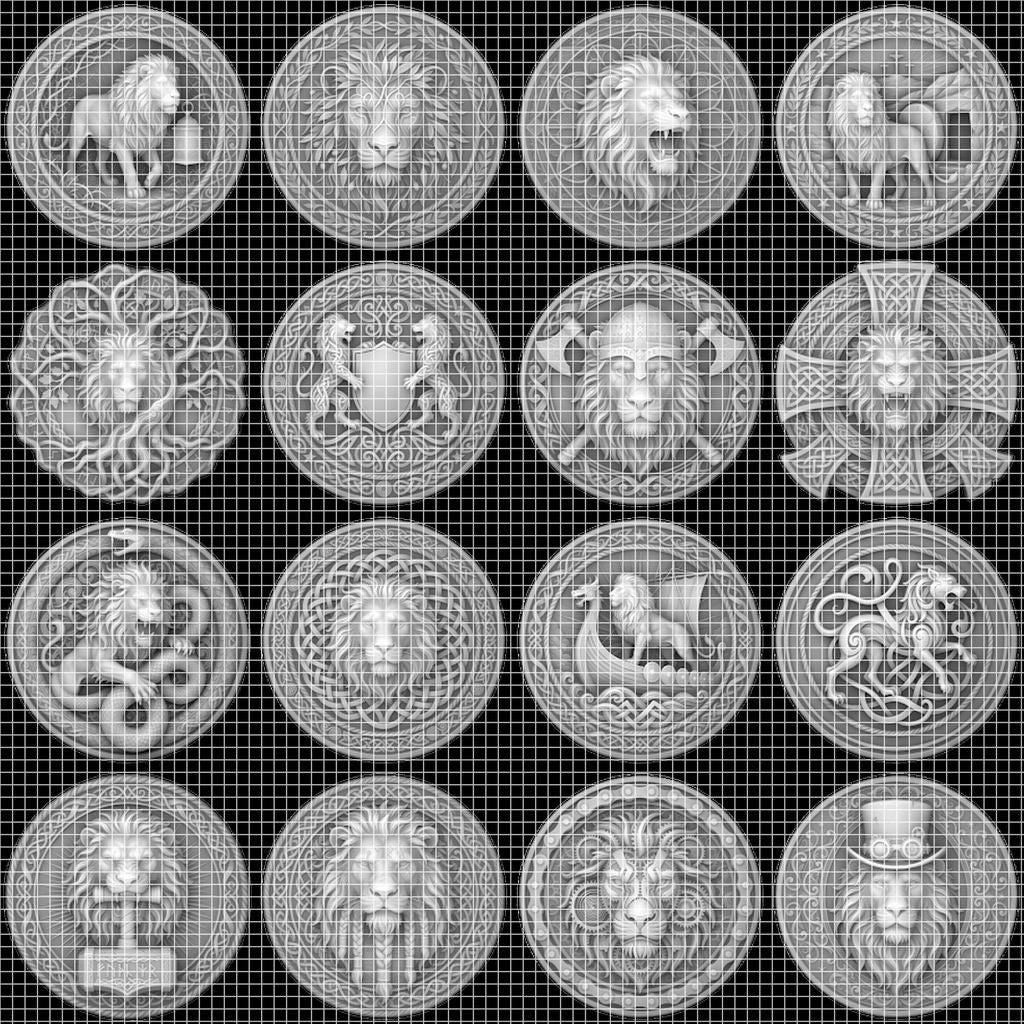 Lion Challenge Coin Depth Map, 3D Relief Bundle, Tribal Mandala Geometric Coins