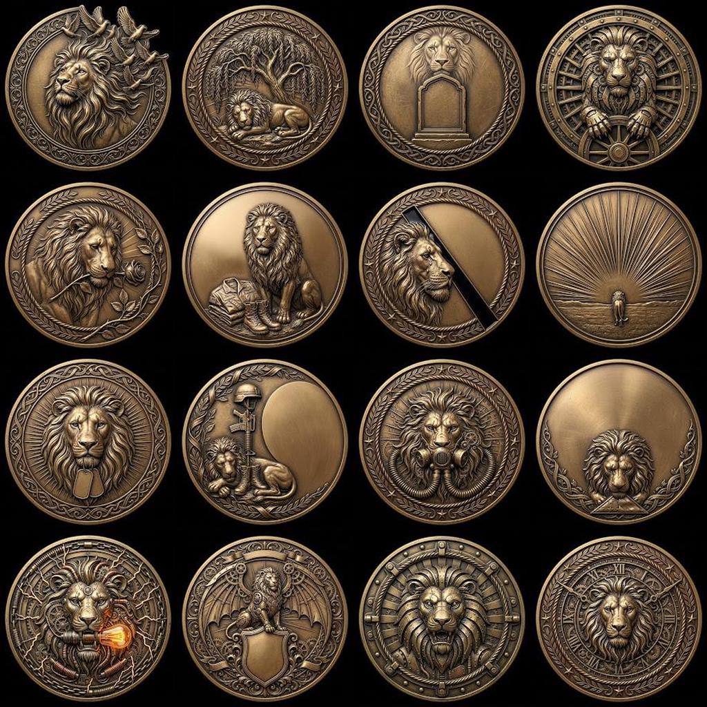Lion Challenge Coin Depth Map, 3D Relief Bundle, Tribal Mandala Geometric Coins