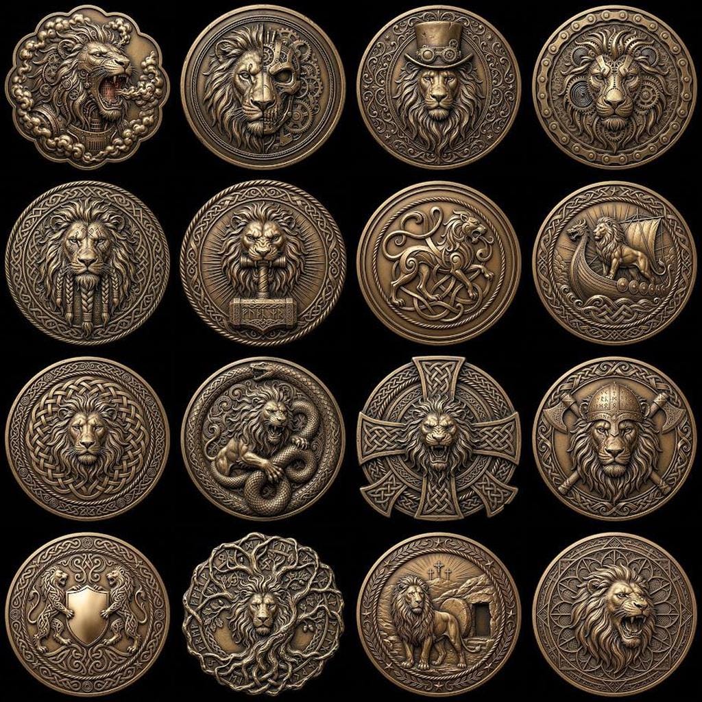 Lion Challenge Coin Depth Map, 3D Relief Bundle, Tribal Mandala Geometric Coins