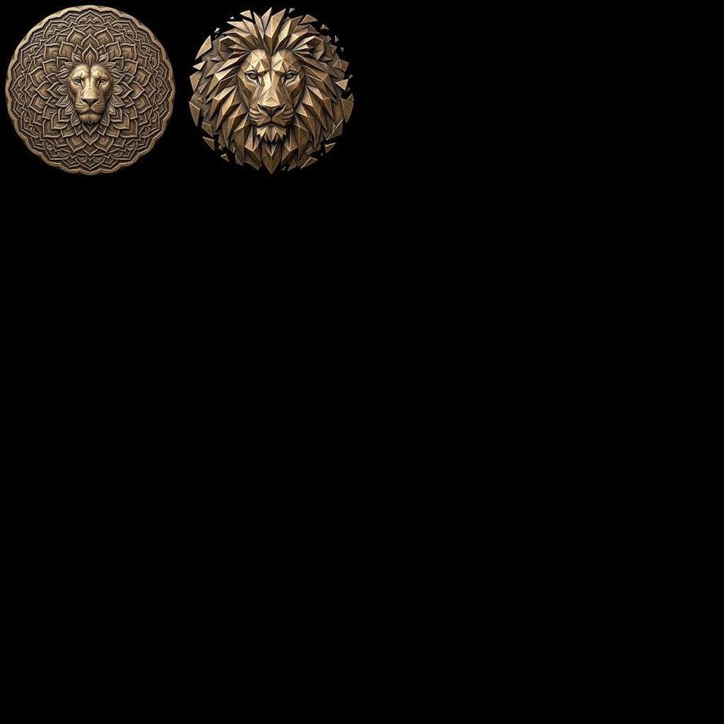 Lion Challenge Coin Depth Map, 3D Relief Bundle, Tribal Mandala Geometric Coins