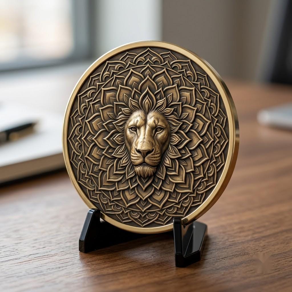 Lion Challenge Coin Depth Map, 3D Relief Bundle, Tribal Mandala Geometric Coins