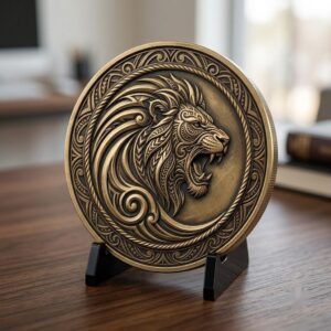 Lion Challenge Coin Depth Map, 3D Relief Bundle, Tribal Mandala Geometric Coins