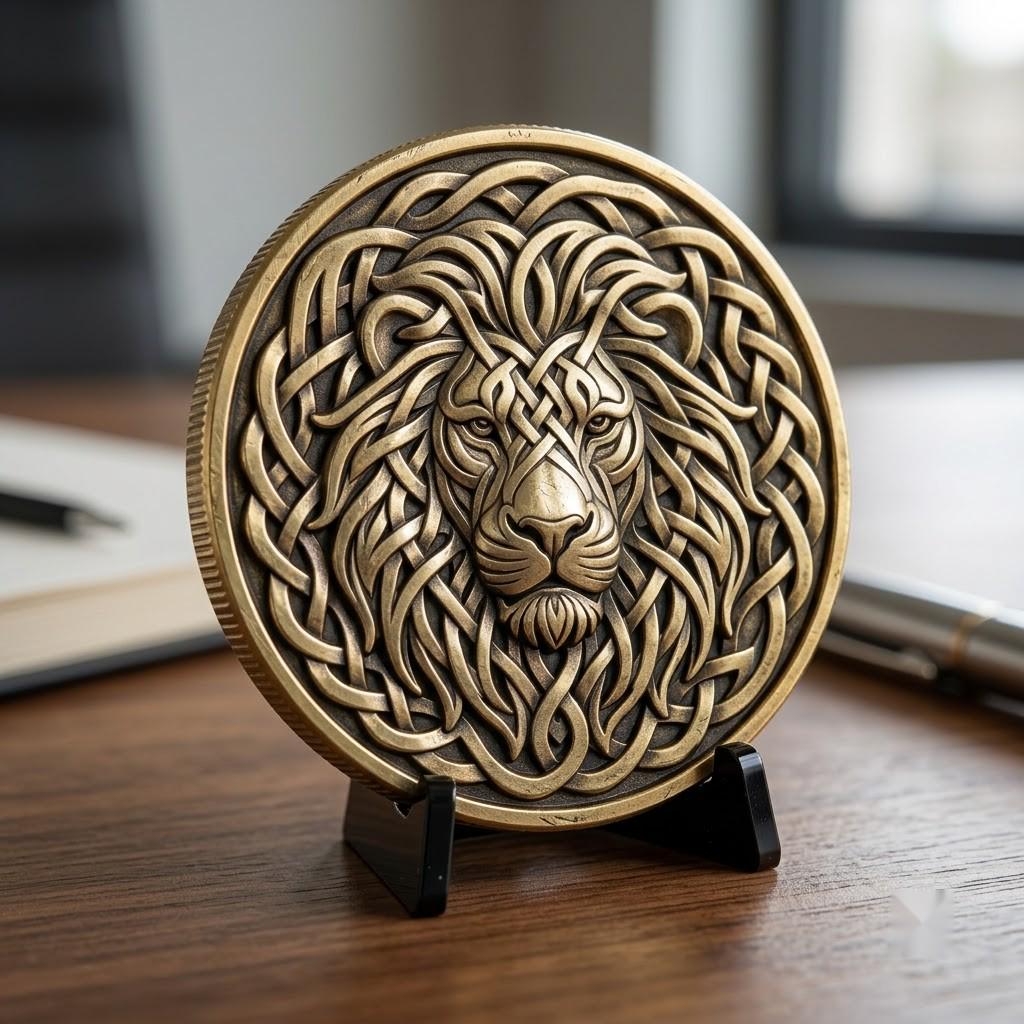 Lion Challenge Coin Depth Map, 3D Relief Bundle, Tribal Mandala Geometric Coins