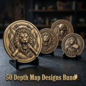 Lion Challenge Coin Depth Maps, Tactical Insignia 3D Relief PNG Bundle