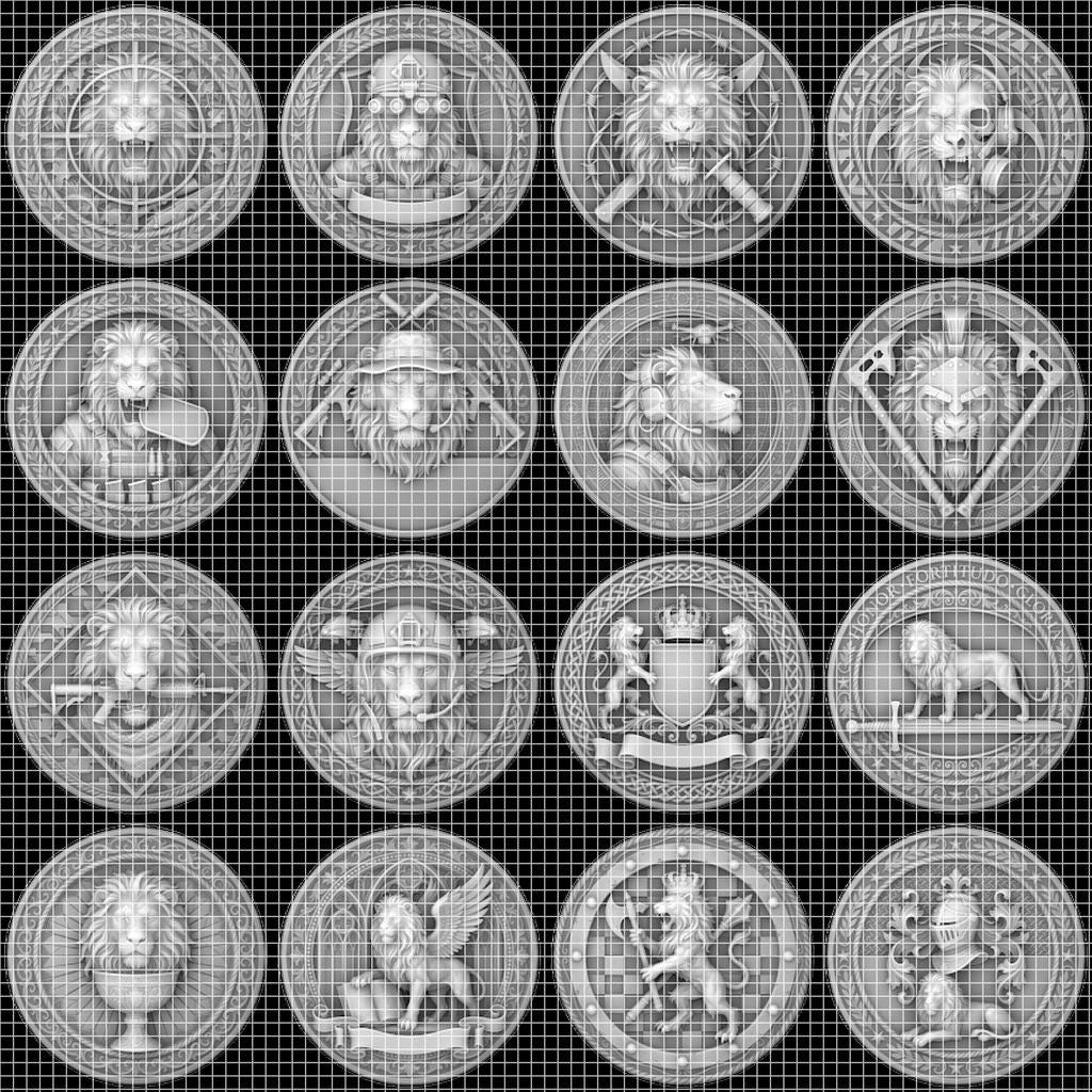 Lion Challenge Coin Depth Maps, Tactical Insignia 3D Relief PNG Bundle
