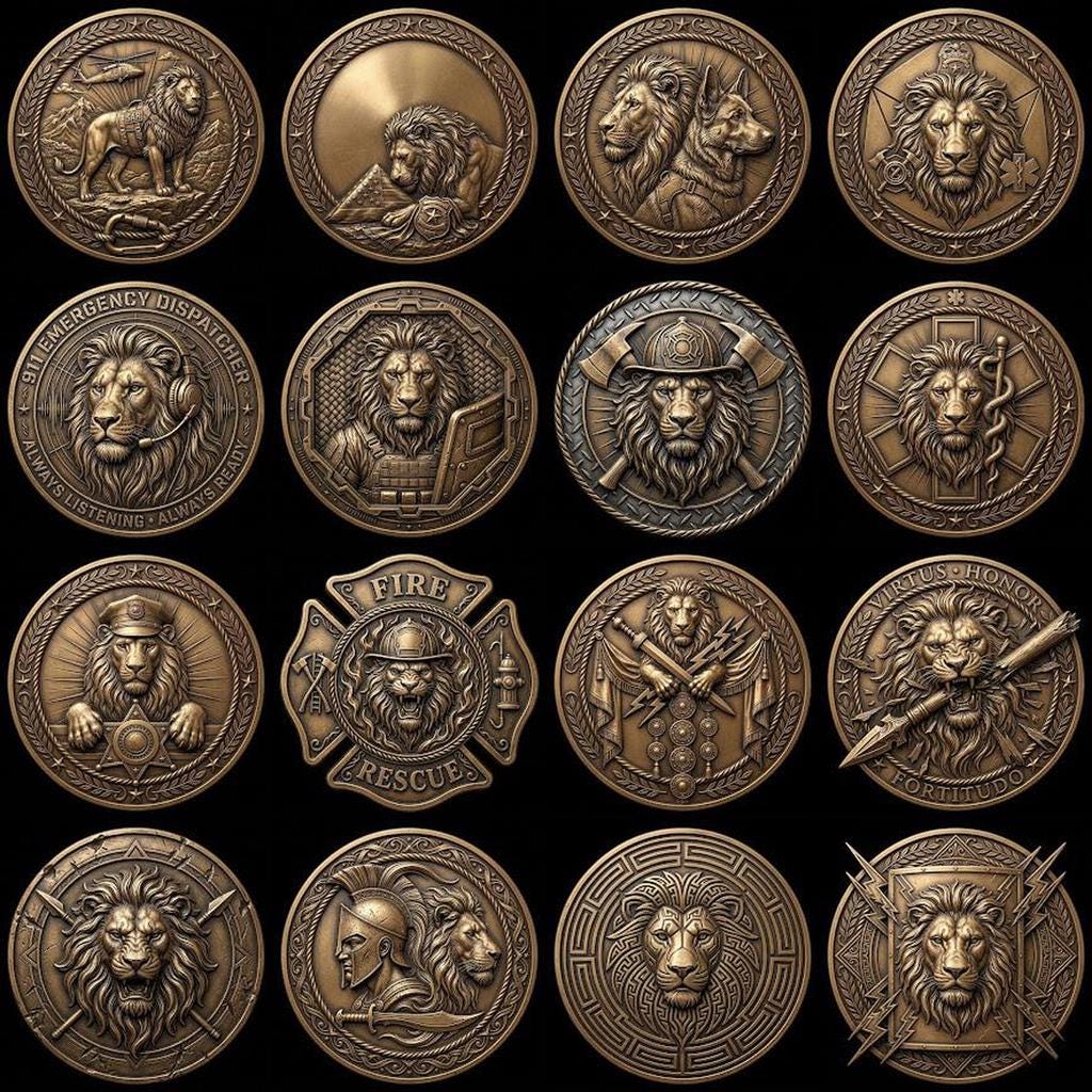 Lion Challenge Coin Depth Maps, Tactical Insignia 3D Relief PNG Bundle