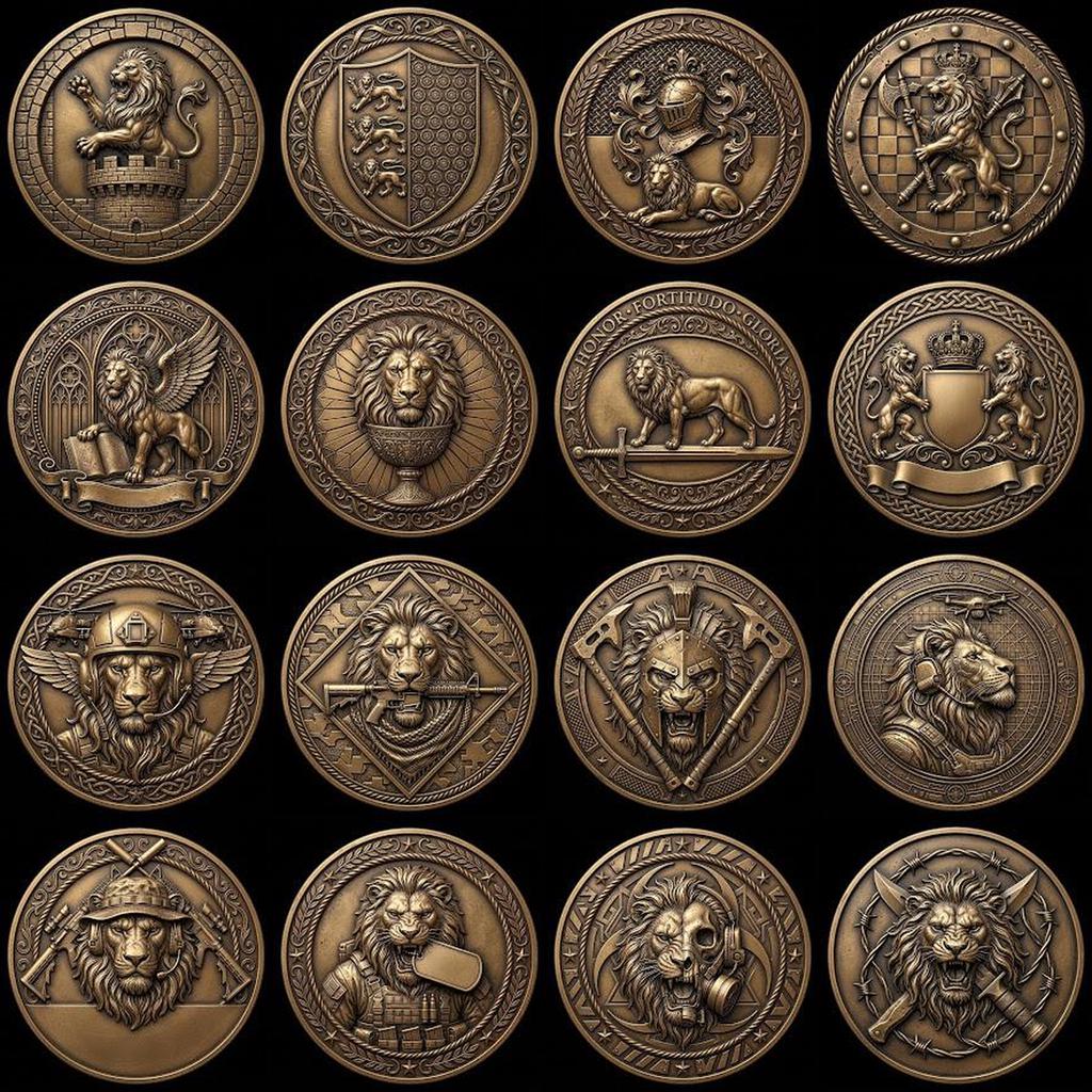 Lion Challenge Coin Depth Maps, Tactical Insignia 3D Relief PNG Bundle