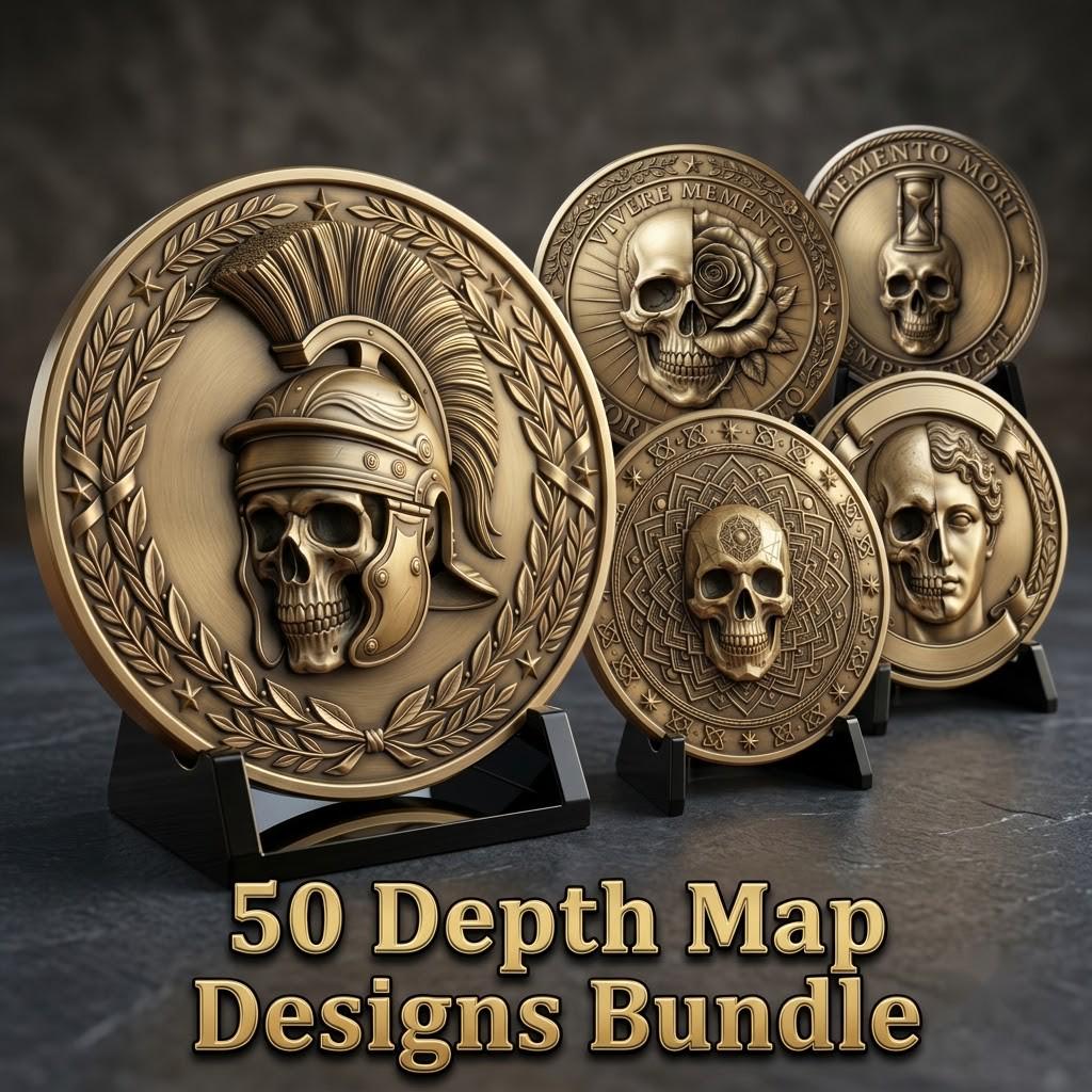 Memento Mori Stoic Skull Depth Map, Laser Engraving Challenge Coin Design