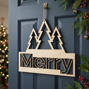 Minimalist Christmas Door Sign, Modern Geometric Pine Tree Scandi Winter Decor