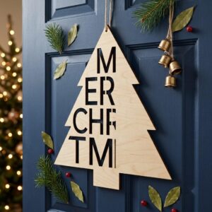 Minimalist Christmas Door Sign, Modern Geometric Pine Tree Scandi Winter Decor