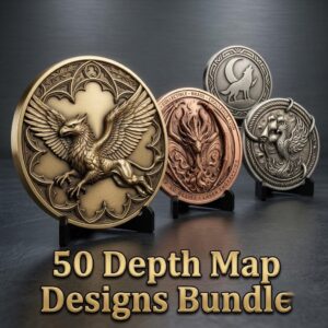 Mythic Bestiary Coin Engraving PNG, Detailed Monster Laser Depth Map Bundle