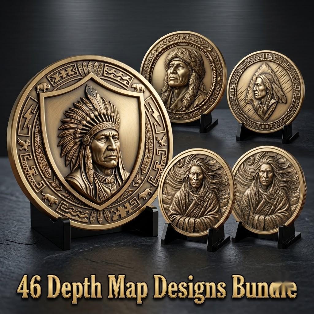 Native American Warrior Challenge Coin, 3D Relief Depth Map for Laser Engraving