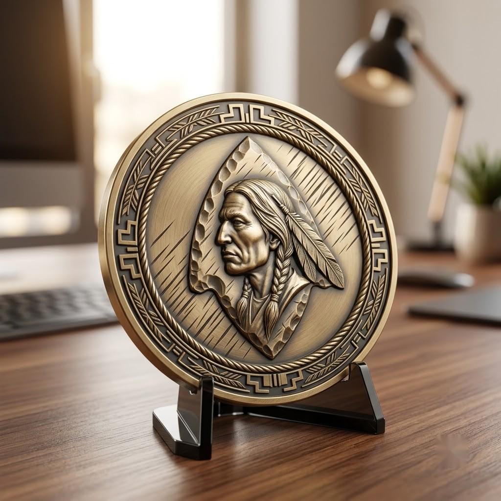 Native American Warrior Challenge Coin, 3D Relief Depth Map for Laser Engraving