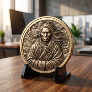 Native American Warrior Challenge Coin, 3D Relief Depth Map for Laser Engraving