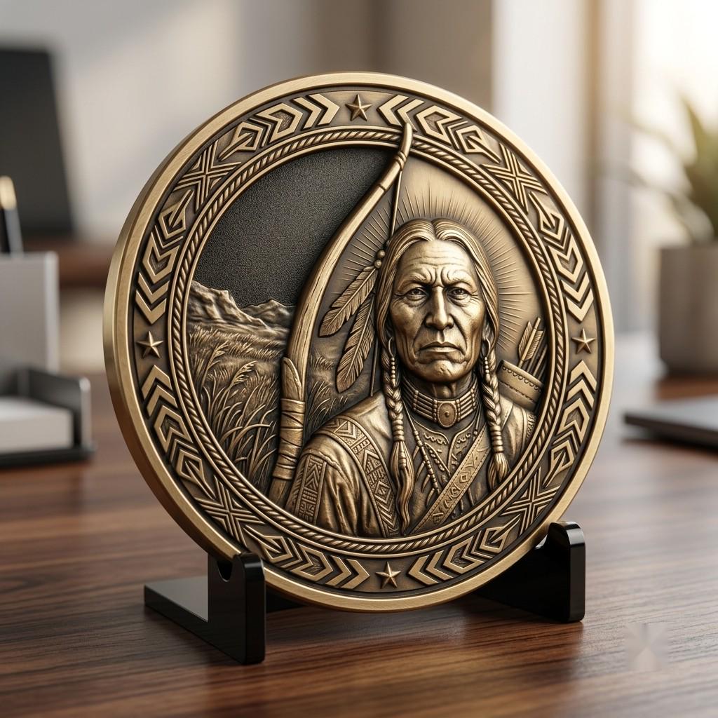 Native American Warrior Challenge Coin, 3D Relief Depth Map for Laser Engraving