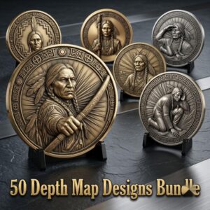 Native American Warrior Depth Map, Laser Engraving PNG, Coin Relief Portrait