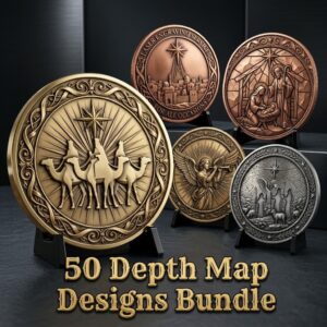 Nativity Challenge Coin PNG, 3D Relief Engraving Depth Map, Christmas Token