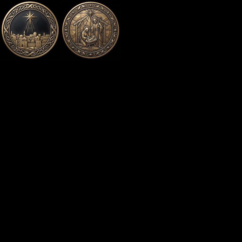 Nativity Challenge Coin PNG, 3D Relief Engraving Depth Map, Christmas Token