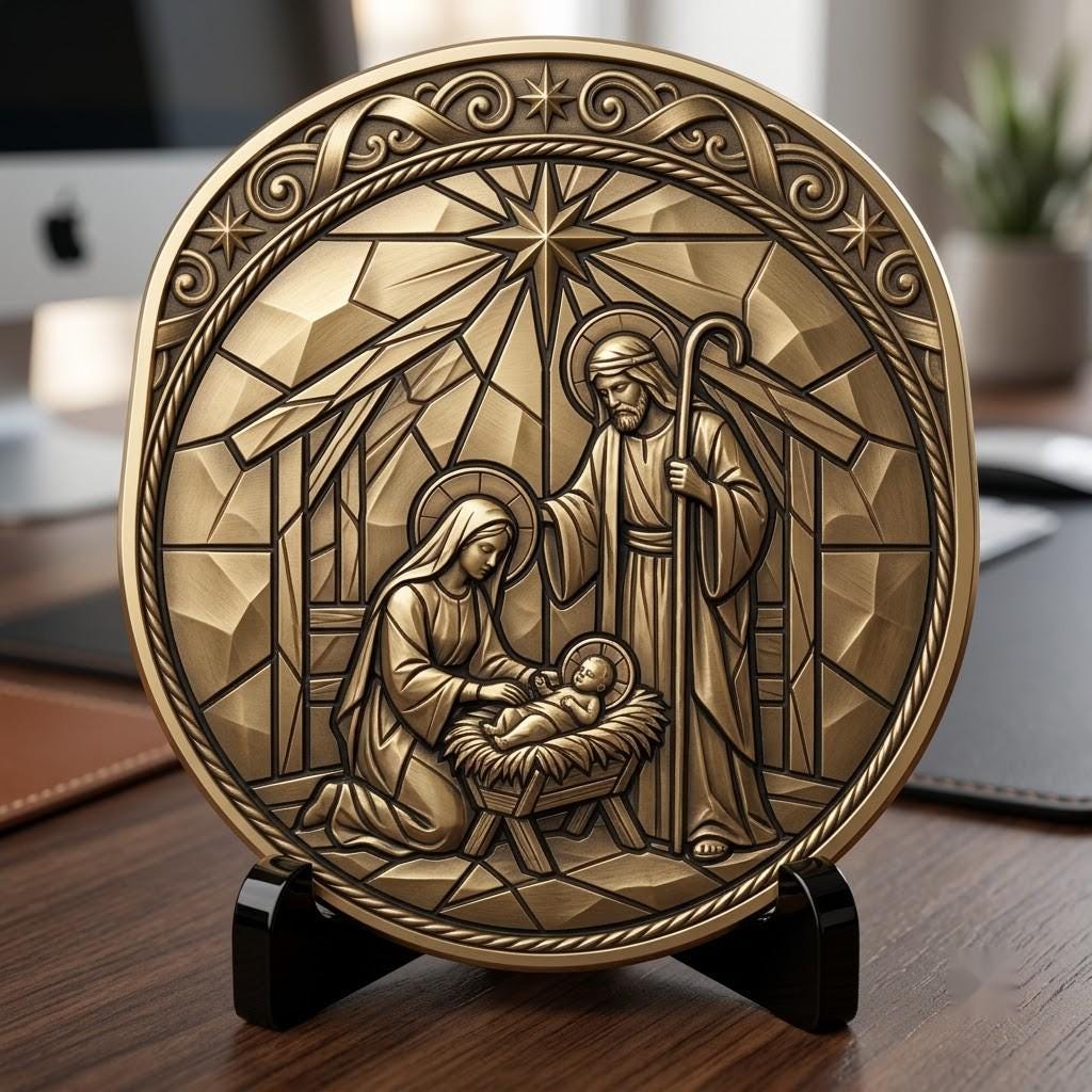 Nativity Challenge Coin PNG, 3D Relief Engraving Depth Map, Christmas Token